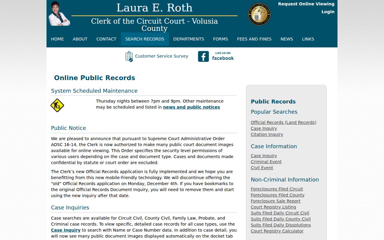 Volusia County Clerk online records hub used for Daytona Beach deed court marriage and probate searches