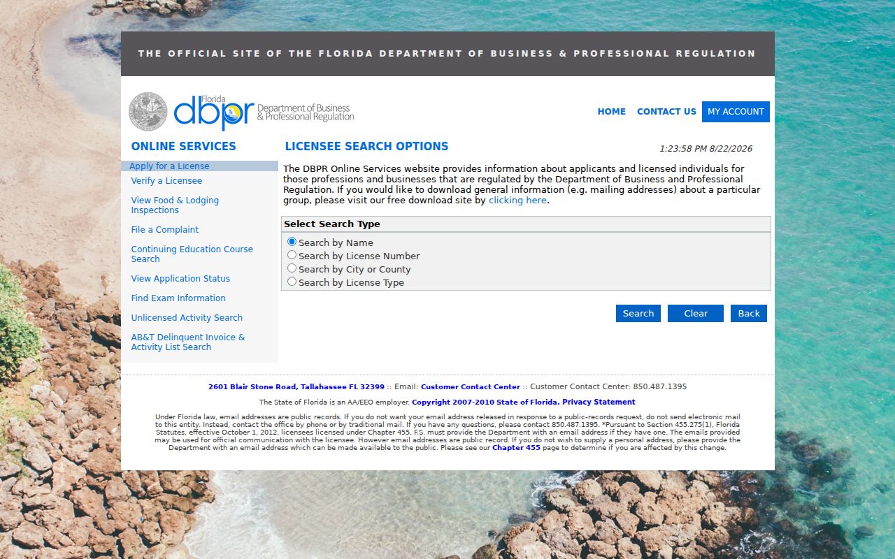 Florida DBPR professional license search for Daytona Beach public affiliations
