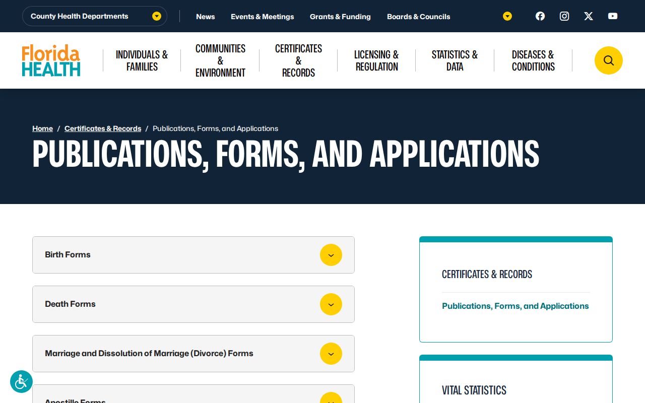 Florida vital records application links for Daytona Beach identity research