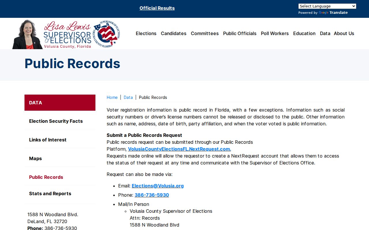 Volusia Supervisor of Elections voter data request options
