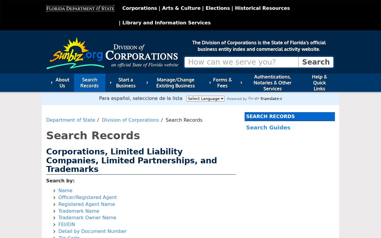 Sunbiz ZIP code and street search for Daytona Beach business filings